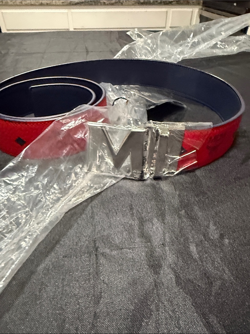 MCM Red Leather Belt with Silver 'M' Logo Buckle